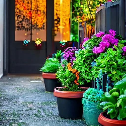 Prompt: night-time: 2.0, garden, multicolored flowers, flower pots, pots, planter boxes, entryway, dark sky, dark clouds, 
very soft █►green◄█ theme, dark shadows, dark walls, dim lights, (some cyan small things:0.8), 
♦♦ doorstep, letterbox, front porch, porch, foyer, stool, garden bench, butterflies, bees, flowers, watering can, garden tools, hair flower, hair ribbon, pail, 

■■ {{{{best quality, 8k resolution photography, artistic photography, photorealistic, masterpiece}}}}, 