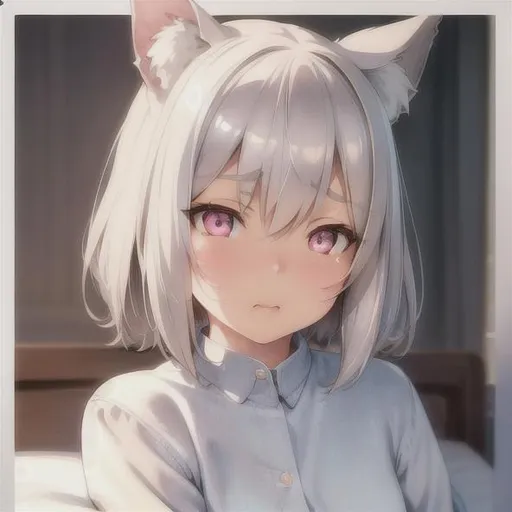 Prompt: Beautiful canvas of small girl, perfect body, muted colors, watercolor style, vintage colors, by greg rutkowski, detailed, intricate face, detailed eyes, gentle tones, short white hair, glowing pink eyes, highly detailed, hd, 4k, 8k, wearing school uniform, has cat ears, on bed, excited expression 