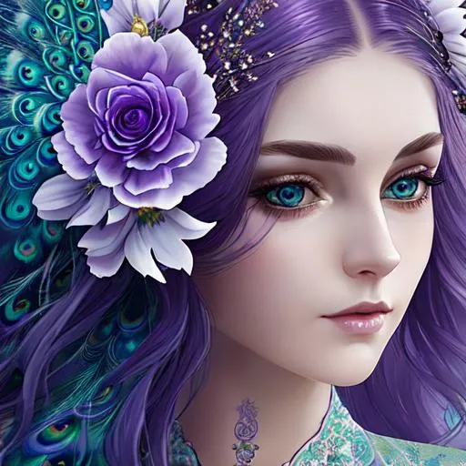 Prompt: dynamic composition of a pale skinned woman with hair of flowers and peacock plummage  of aqua and purple, ornate details,lacey clothes, facial closeup