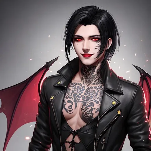 Prompt: young handsome male, black hair ,arabian siren eyes, mischevious smile, moles on face, dark red lips, one eye slightly blinking, dimple on one side, black leather coat, dragon language tattoo, ultra hd, 64k, artstation, digital art, particles, volumetric lighting, realistic, high quality, unreal engine 4, hd render