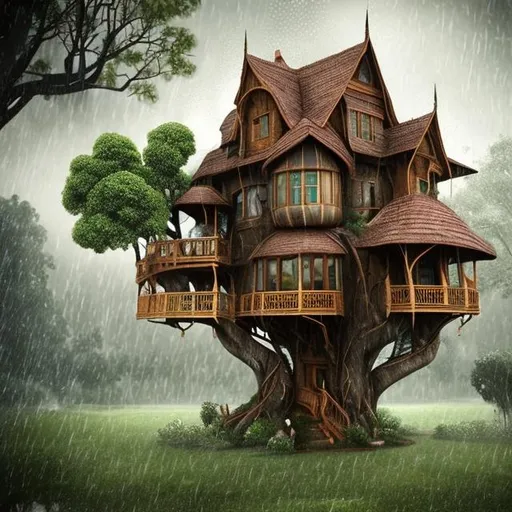 Prompt: high tree house rain on the background and inside the home with a couple in the house realistic