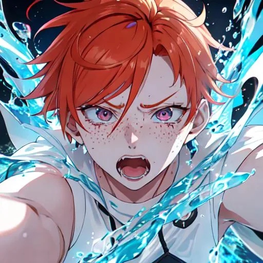 Prompt: Erikku male adult (short ginger hair, freckles, right eye blue left eye purple) UHD, 8K, Highly detailed, insane detail, best quality, high quality,  anime style, in purgatory, yelling, upset, crying out for help