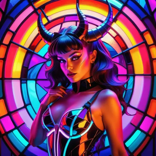 Prompt: a beautiful female demon in a dynamic pose in a retro futuristic synthwave cyberpunk neon paradise.  neon lighting, high quality, beautiful, masterpiece, artistic, synthwave, cyber, retro, futuristic