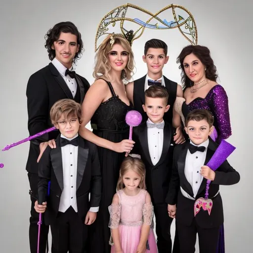 Prompt: Family of male magicians all warring tuxedos with bow ties and and fairy godmothers in ball gowns holding their magic wands and casting magic spells with 