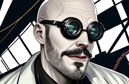 Prompt: 1man, (noir mad scientist:1.2), pale skin, (lab coat:1.1), bald, dark welding goggles, smirk, pointed goatee, (ultra detailed face and eyes:1.1), (album art:1.1), slum cyberpunk, 1950s, (slum old garage:1.1), (artpunk:1.0), unique pose, (trigun:1.1), (masterpiece:1.1), best quality, run-down, ultra high detail, (by antoine blanchard and casey baugh:1.1), (by zdzislaw beksinski:0.8), extremely intricate, extreme detail, raytracing, reflections, beautiful lighting, (harsh lighting:1.1), watercolor, (High Saturation Clarity Contrast, deep levels, sharp, retouched, color graded:1.1), soft lighting, cinematic, (heavy contrast:1.2)