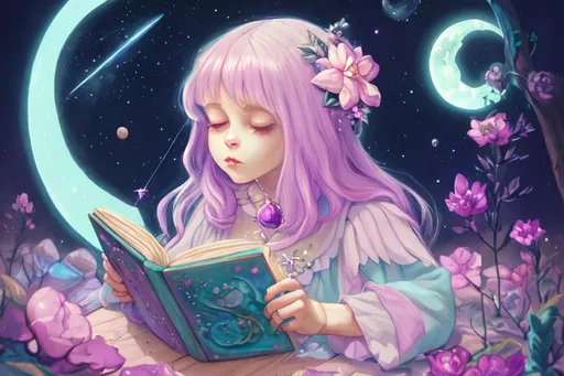 Prompt: Witch, aesthetic, pastel, beautiful, painting, fairycore, cute, flowers, soft, art, rpg, sweet, crystals, reading book,highres, illustration, Steven universe, moon, stars, space, sci fi