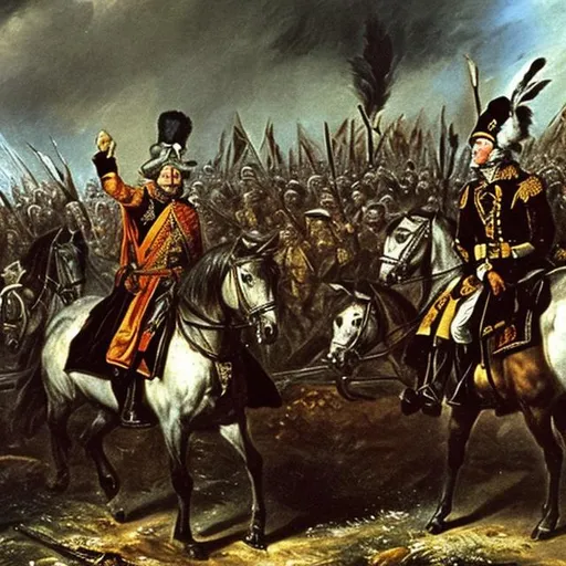 Prompt: Frederick the Great surrenders to the Russian generals in 1762