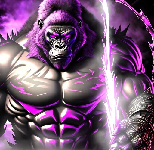 Prompt: Horror, Scary, Ominous, Sinister, freeform dark chaos epic bold, 3D, HD, {one}({liquid metal {Mountain}Gorilla dressed in Barbarian outfit} with {purple gold pink green red silver blood}ink), expansive psychedelic background --s99500