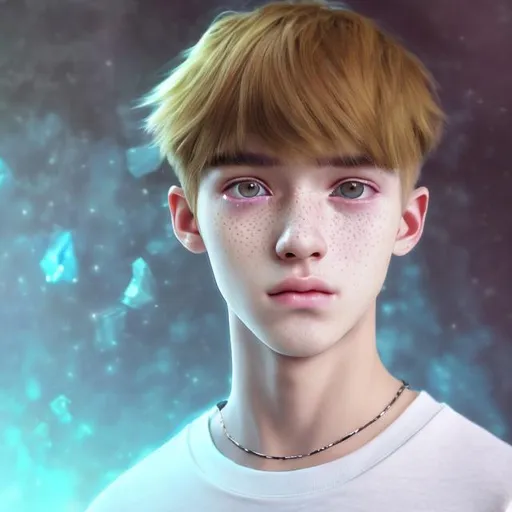 Prompt: Realistic photorealistic 4k hd fanart of young 17 years old cute and pretty youthfully unblemished handsome boy, stunning handsomeness and youthful beauty, slightly tanned skin with freckles, crystal azure eyes, straight blonde hair styled in k-pop bowl cut with shaved undercut. IMPORTANT: straight hair casket bowl haircut with shaved undercut, blonde hair
