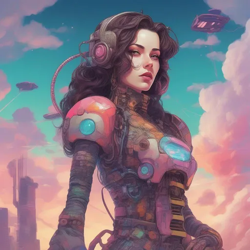 Prompt: A colourful and beautiful head to toe Persephone as a cyberpunk woman with brunette hair and a robot arm, wearing vintage lacy clothes, with clouds for hair in a painted style