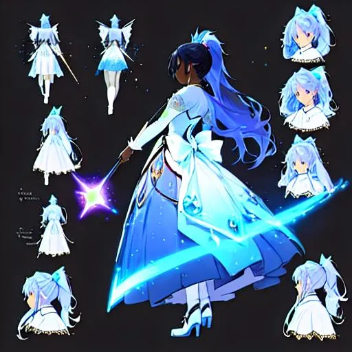 Prompt: A character sheet of an anime magical girl with  hair and dark skin, long hair, covered in stars. blue accents on outfit. holding a wand, Concept Art. puffy skirt. ballgown inspired. Madoka magica inspired. reference sheet,   different poses, concept sheet, side profile, back proflie, beautiful face, ponytail, highly detailed, clear face and body