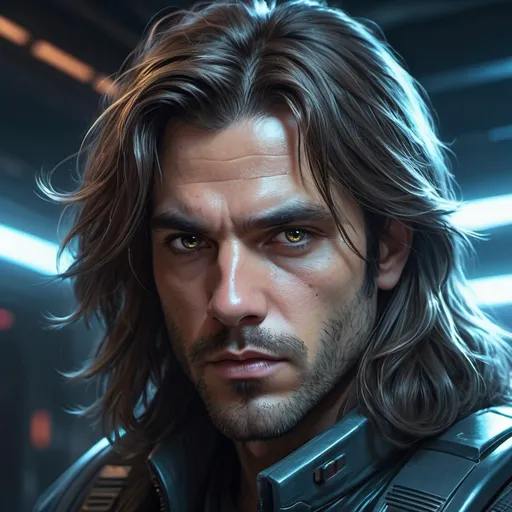 Prompt: Portrait of a space thug with broad face, long hair, close-set eyes, broad nose, sci-fi, digital painting, intense expression, gritty cyberpunk style, cool tones, atmospheric lighting, 4k, ultra-detailed, space thug, long hair, close-set eyes, broad nose, intense expression, digital painting, cyberpunk, sci-fi, cool tones, atmospheric lighting, highres, professional, Style of Moebius