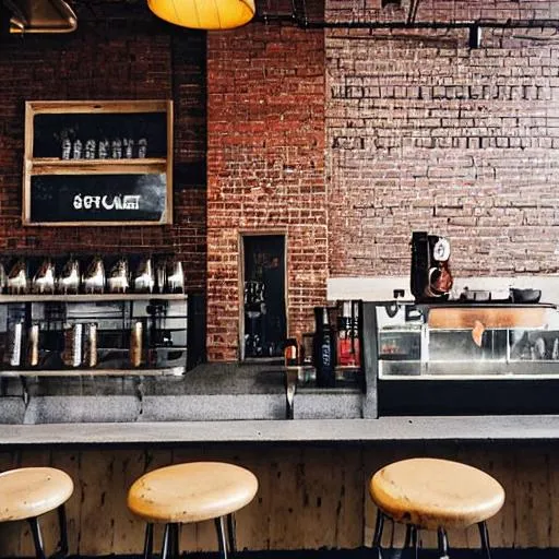 Prompt: cozy, brick wall, industrial, coffee shop, tap beer, bar, barista, brunch photograph, brutalism