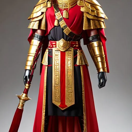 Prompt: red and gold ancient egyptian/medieval arabian scale/chainmail male armor with long red and gold robes with small gold embroidery and with a gold and red sash going over the right shoulder, on a armor stand.