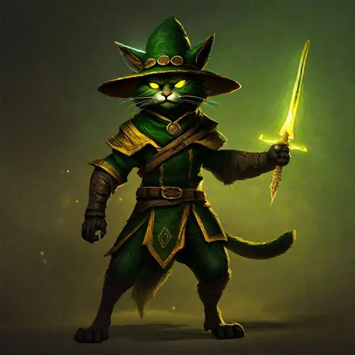 Prompt: Bipedal creature resembling a cat with large ears, deep green fur, brown bandit hat with yellow trim, yellow glowing eyes, wielding a sword, masterpiece, best quality, elder scrolls style