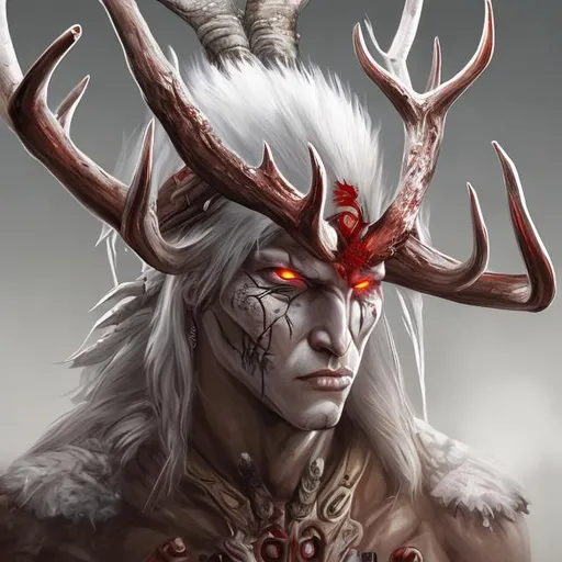 Prompt: Digital fantasy art of an albino indigenous male warrior with red eyes and deer antlers coming out of his head. 
