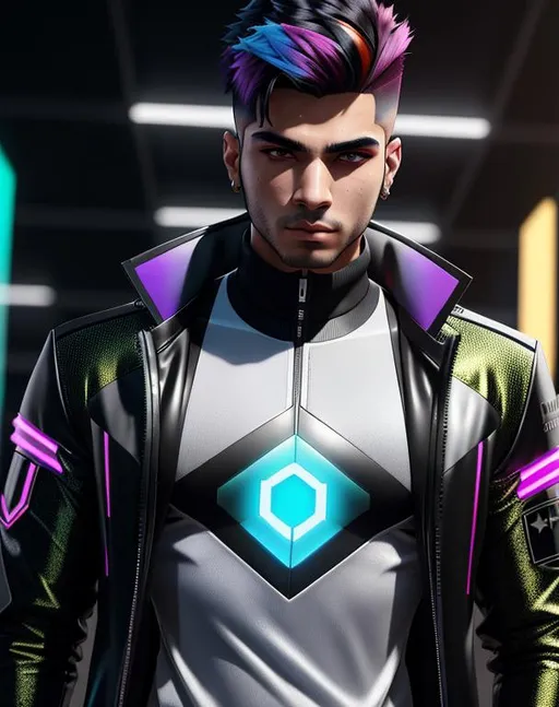 Prompt: perfect composition, {19 year old}, lean {persian man} gangster, wearing futuristic {tech shirt and future tech coat}, {short spiked dyed multicolored hair}, peak fitness, determined expression, looking at viewer, 8k eyes, detailed face, wlop, stanley artgerm lau, artstation, hd, octane render, hyperrealism intricate details, 8k, cinematic volumetric light, proportional, art trending on artstation, sharp focus, studio photo, intricate details, highly detailed, intricate artwork masterpiece, ominous, intricate, epic, trending on artstation, highly detailed, vibrant, production cinematic character render, ultra high quality model, 