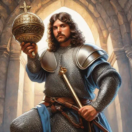 Prompt: Fish-eye view. Action pose. Full body image. Head-to-toe. 21 years old AD&D Cleric. He is wearing a bright shiny iron chainmail armor. He is brandishing one medieval battle-mace in his right hand. Historically realist. Chubby. He is holding a crucifix in his other hand
