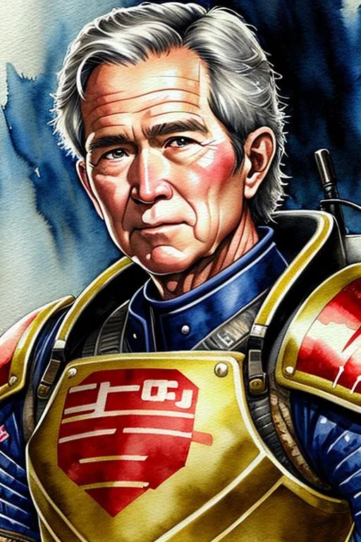 Prompt: (((Nakaba Suzuki))), sticker of ultra detailed portrait of George W Bush in Nakagami Armour, full body, high quality cell shaded illustration in post apocalyptic style by Nakaba Suzuki, ((full body)), dynamic pose, perfect anatomy, centered, freedom, soul, Black short hair, approach to perfection, cell shading, 8k , cinematic dramatic atmosphere, watercolor painting, global illumination, detailed and intricate environment, artstation, concept art, fluid and sharp focus, volumetric lighting, cinematic lighting, Art by Nakaba Suzuki,
