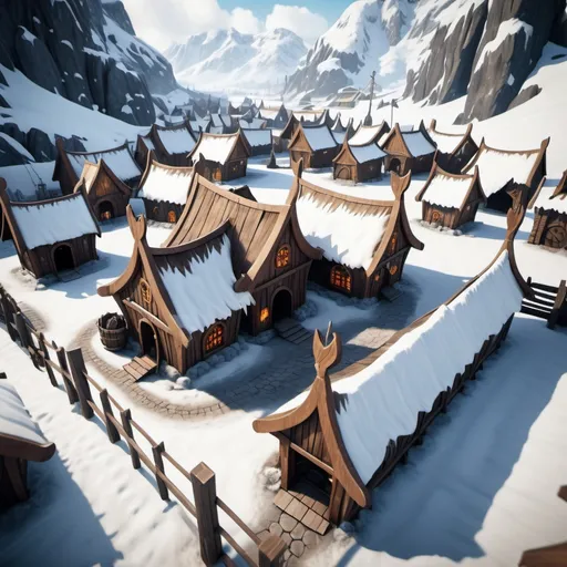 Prompt: small viking townquarter, viking guardhouse, viking blacksmith, surrounded by palisades, birdview, wooden materials, snow covered, immersive world-building, high quality, detailed, epic scale, fantasy, game style, vibrant colors, dramatic fantasy settlement scene, cinematic lighting