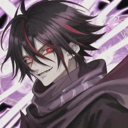 Prompt: insane, mature anime boy, black with white highlights in hair, one red eye, one white eye, purple scarf, evil smile, red and black emo outfit, trippy background, zoomed out purple glowing magic circle