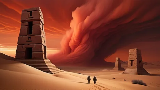 Prompt: ancient ruins in foreground, darkest night, nightmare, carved alien symbols on stone pylons, alien stone bunkers with sloping walls, fortified outpost, ancient megalith architecture, no trees, no bushes, no grass, no leafy vegetation, rocky desert alien planet setting, rocky mountainous region, in the style of frank herbert's dune, stormy night sky filled with red clouds, dust haze, red fog, sand storm, highly detailed, photo-realistic, hyper-real