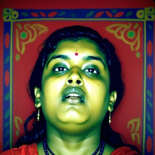 Prompt: a woman with a surprised look on her face and chest, with a red background and a blue and green design, Ella Guru, samikshavad, m, a screenshot
