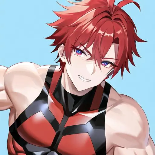 Prompt: Halen 1male (Short bright red hair), 8k, UHD, male, (blue almond shaped eyes), muscular