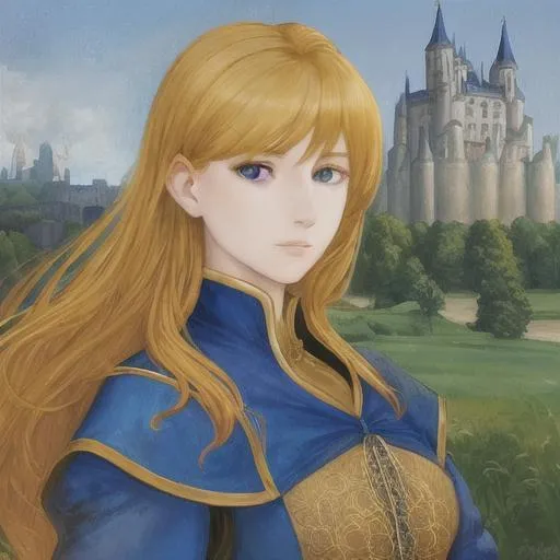 Prompt: Portrait of woman golden hair in blue Medieval dress, flower bodice, cleavage, castle background