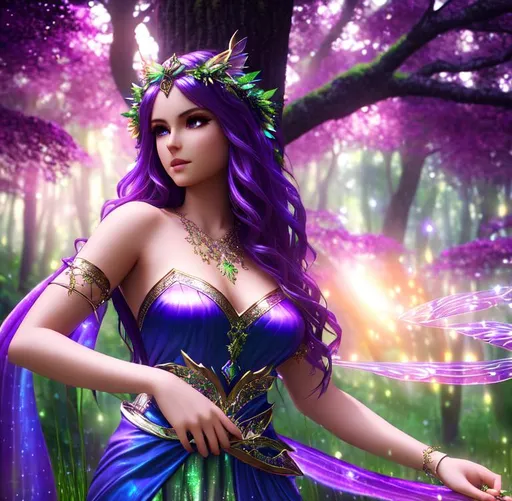 Prompt: 3D HD dramatic cinematic lighting [({one}{Goddess}Fairy) wearing  {(liquid)grass}silk], expansive magical forest tree sparkles background, hyper realistic, 8K --s98500