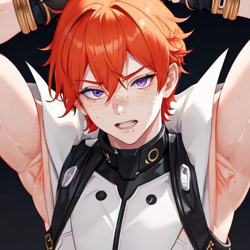 Prompt: Erikku male (short ginger hair, freckles, right eye blue left eye purple) muscular, UHD, 8K, Highly detailed, insane detail, best quality, high quality.  holding cash