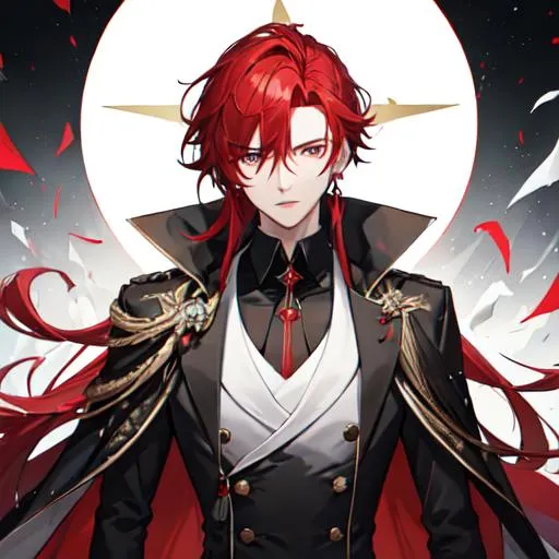 Prompt: Zerif 1male (Red side-swept hair covering his right eye) wearing a black royal suit, white cape, 