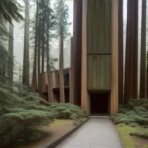 Prompt: brutalist architecture in a large redwood forest