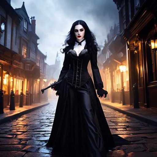 Prompt: Lady vampire covered by blood in a victorian street, myst, highly detailed, professional, render, Sharp focus, HD, UHD, HDR, hyperrealistic 