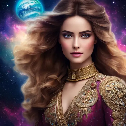 Prompt: create photograph of beautiful fictional female princes with most beautiful eyes, extremely detailed face, space and planets an nebulae in sky highly detailed, extremely detailed environment, extremely detailed background, intricate, extremely detailed skin, natural colors , professionally color graded, photorealism, 8k, realistic, moody lighting, ambience lighting