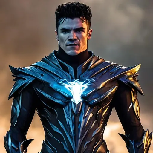 Prompt: Savitar the god of speed black suit   crystal on his chest
