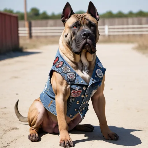 Prompt: presa canario wearing a heavy metal music denim vest with patches