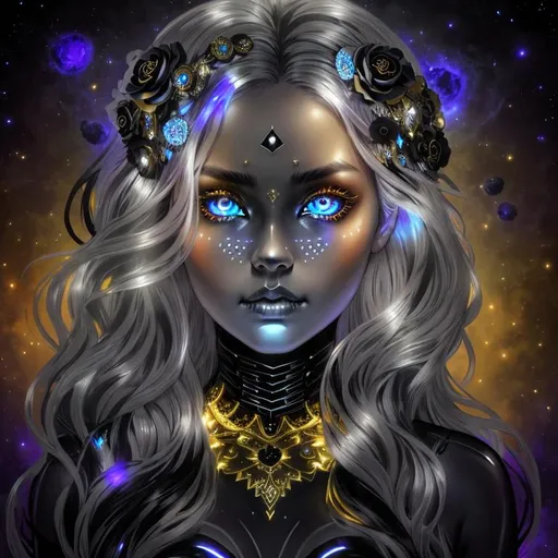 Prompt: dark, Epic, Beautiful, Plasma {Liquid}Skull gold silver black, big dreamy eyes, beautiful intricately-colored, symmetrical, Beautiful and Gorgeous, hyper realistic, expansive psychedelic background, hyper realistic, 64K --s99500