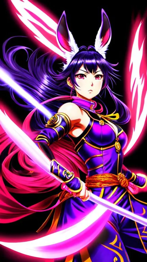 Prompt: An illustration of a vibrant manga-inspired warrior standing in the darkness, emanating luminosity. Art form: Illustration Inspiration: Hirohiko Araki Description: A vividly colored warrior emerges from the ebony void, her expression filled with determination and power. Bunny ears atop her graceful neck symbolize agility and heightened awareness. She wields a fan as an extension of her spirit, showcasing her mastery over unseen conflict. The scene is illuminated by the luminosity that emanates from her being.