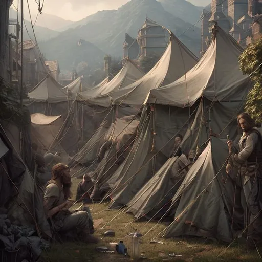 Prompt: Prisoners shackled by tents, highly detailed, d & d, fantasy, highly detailed, digital painting, trending on artstation, sharp focus, illustration, global illumination, ray tracing,  art by artgerm and greg rutkowski and fuji choko and viktoria gavrilenko and hoang lap

