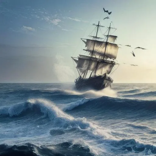 Prompt: A pirate ship at sea with the waves coming up over the sides and a mist rolling in