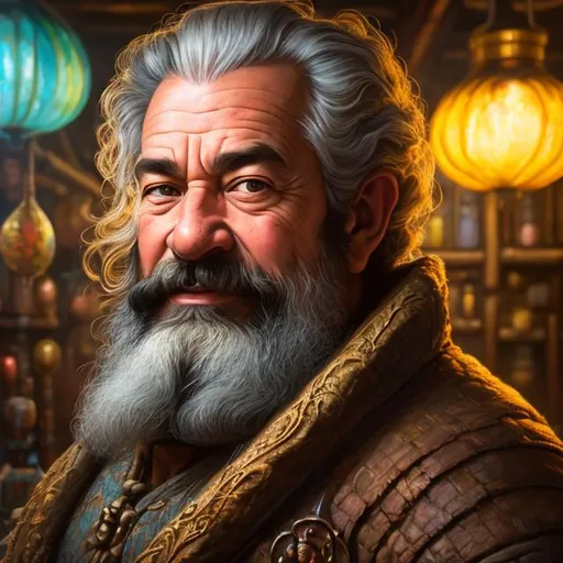 Prompt: Three-quarters portrait, artificer dwarf, market-place stall holder, fantasy, highly detailed, digital painting, underground, black market background, low-lighting, art by Stanley Lau and Artgerm and magali villeneuve and Alphonse Mucha, artstation, octane render, cgsociety, HDR, UHD, 64k, best quality, best quality, masterpiece:1.5)
