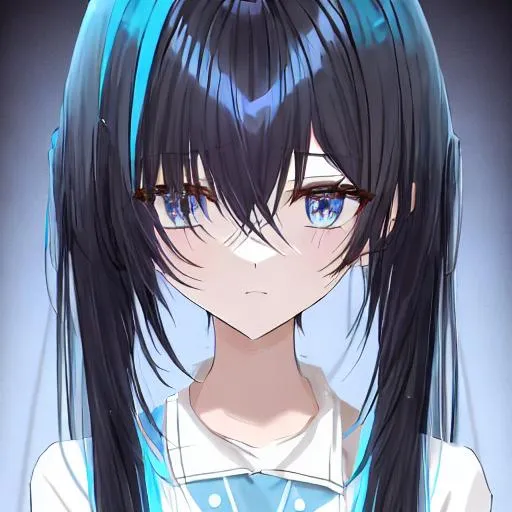 Prompt: Anime girl hair that is black then fade into light blue 