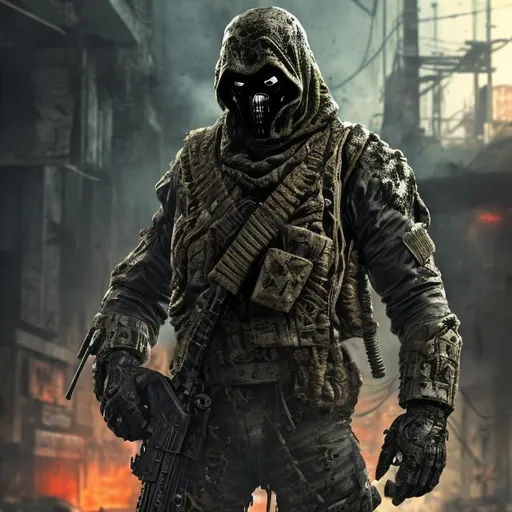 Prompt: Redesigned Gritty dark camouflage. Intense futuristic military commando-trained villain Todd McFarlane's Dr doom Spawn. Cowboy. Bloody. Hurt. Damaged mask. Accurate. realistic. evil eyes. Slow exposure. Detailed. Dirty. Dark and gritty. Post-apocalyptic Neo Tokyo with fire and smoke .Futuristic. Shadows. Sinister. Armed. Fanatic. Intense. 