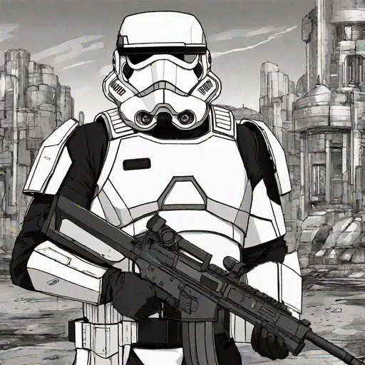 Prompt: Whole body. Full figure. Star wars sith empire trooper. black armor. In background a scifi ruined city. Rpg art. Star wars art. 2d art. 2d. Well draw face. Detailed. 