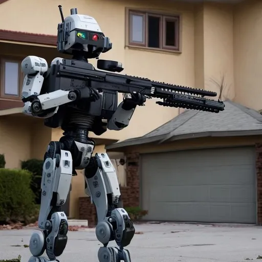 Prompt: Robot with guns invading house shooting at Swat