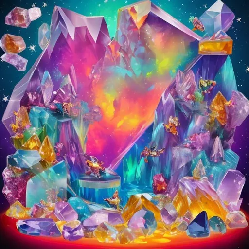 Prompt: Crystal collection diorama in the style of Lisa frank