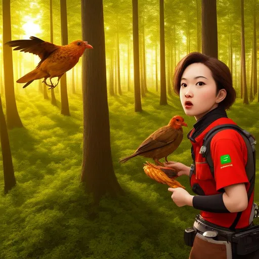 Prompt: perfect viewpoint, highly detailed, wide-angle lens, hyper realistic, with dramatic human face and sided  two frying birds and a distanced green forest sky, polarizing filter, natural lighting, vivid colors, everything in sharp focus, HDR, UHD, 64Ka 