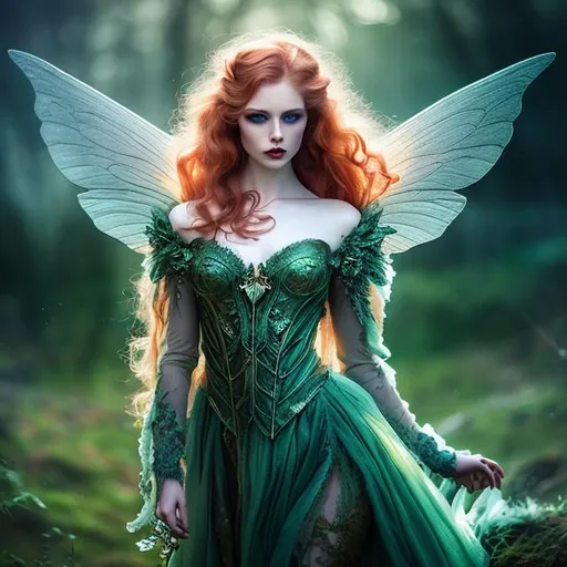 Prompt: HD 4K 3D Stunning, magic, cinematic gothic fairy, ethereal green wings, fairy queen, style of Carvaggio, long, curly redhead hair, lovely, romantic, tender, purple light, sunstrails, perfect female beauty, intricate, pale traslucent skin, magic, rich black dress, ethereal, goldn ratio, look in camera, gorgeous body, gorgeous eyes
