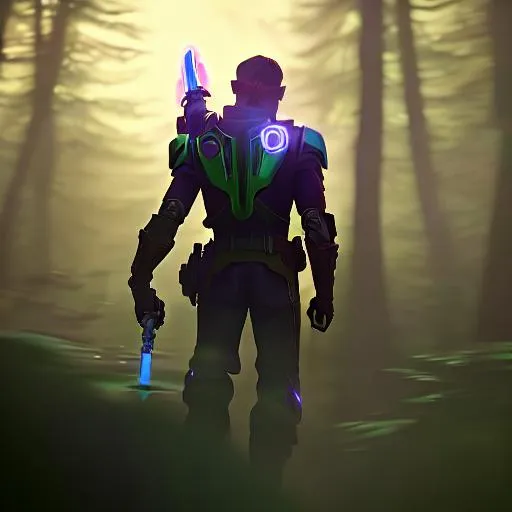 Prompt: Buzz lightyear wings deployed, helmet on, holding red lightsaber, walking in dense forest, close up,  calm, backlit in forest, high detail, 8k